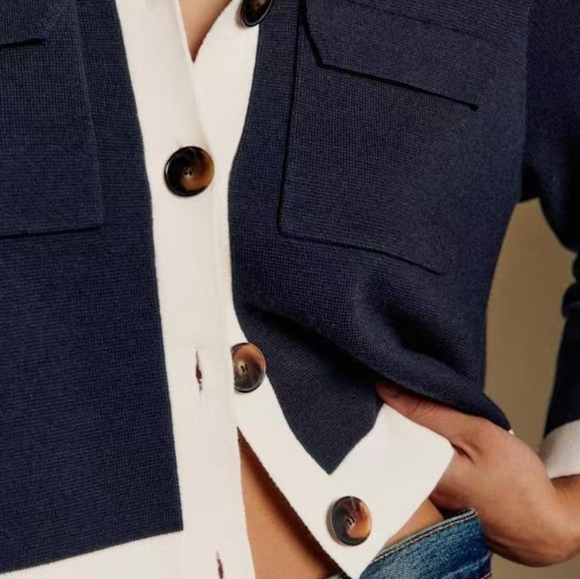 Sezane Betty Cardigan In Marine With Ecru Detail - Picture 8 of 9